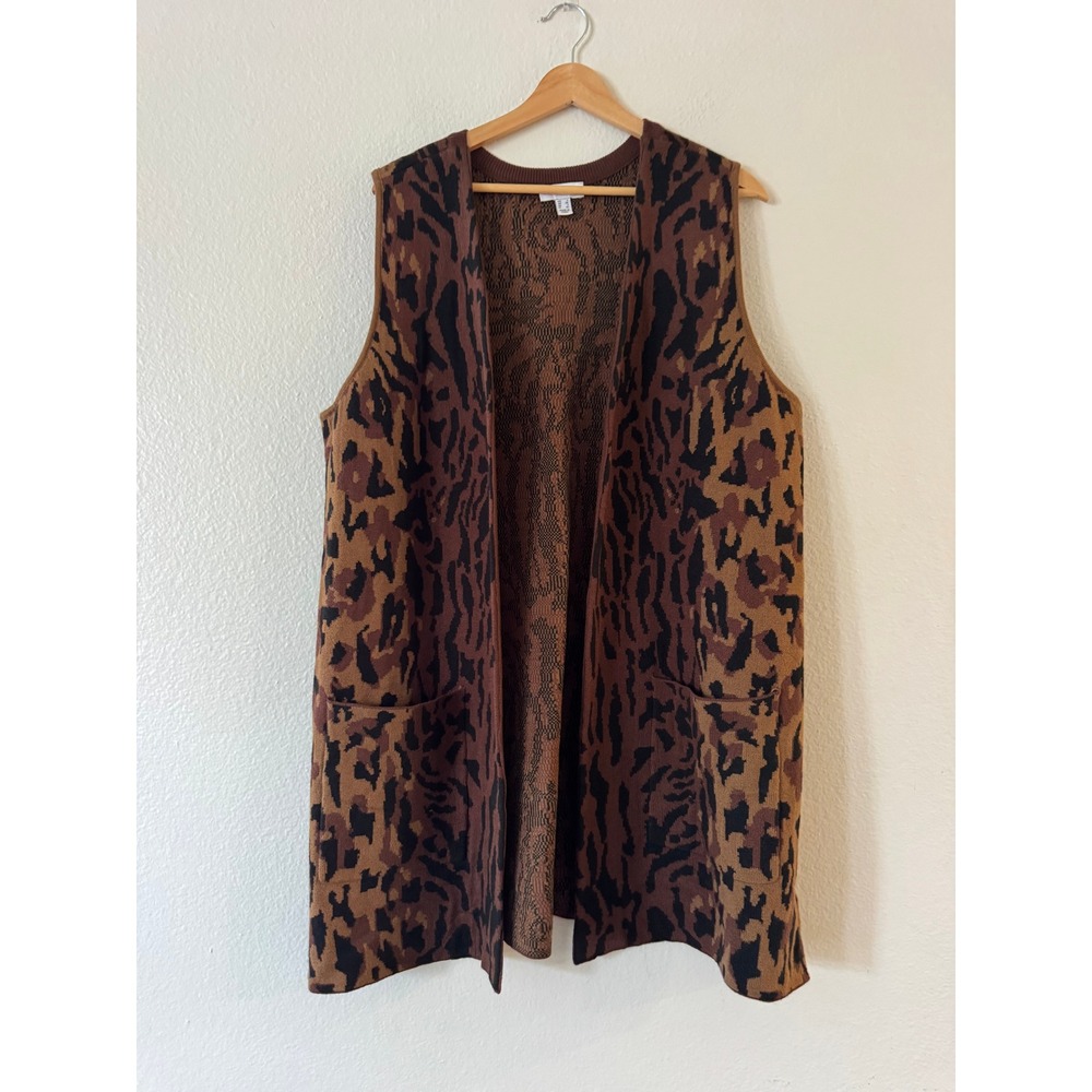 Susan Graver Leopard Longline Sweater Vest Pockets Size L Brown Black Excellent